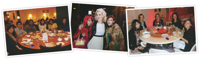left : At a Chinese restaurant with classmates from my Chinese language class. I showed them how to use chopsticks. / center : At a Halloween party / right : At a Japanese restaurant on campus